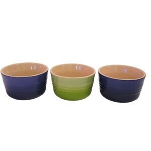 Le Creuset Ramekin Three Blue Green Stoneware Bowls Pie Dessert Soufflé Dish